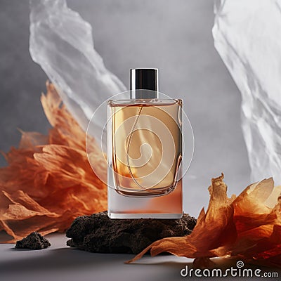 A transparent bottle of expensive mens perfume. Trendy concept of natural materials. Natural cosmetic Stock Photo