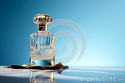 Transparent bottle of perfume on pastel background. Fragrance presentation, daylight, trending minimal studio shot, perfumery, Stock Photo