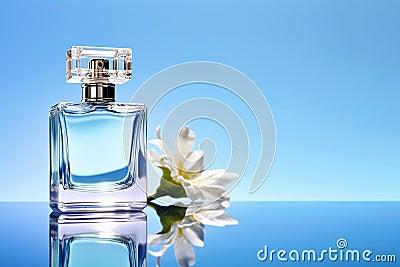 Transparent bottle of perfume on pastel background. Fragrance presentation, daylight, trending minimal studio shot, perfumery, Stock Photo