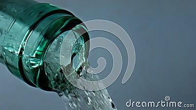 Transparent bottle pouring wine closeup. Bubbling white alcohol flowing down. Stock Photo