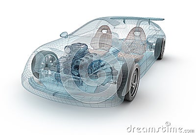 Transparent car design, wire model Cartoon Illustration