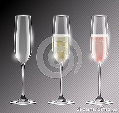 Transparent champagne glass flute vector illustration. Realistic set of glasses with sparkling white and rose wine and empty glass Vector Illustration