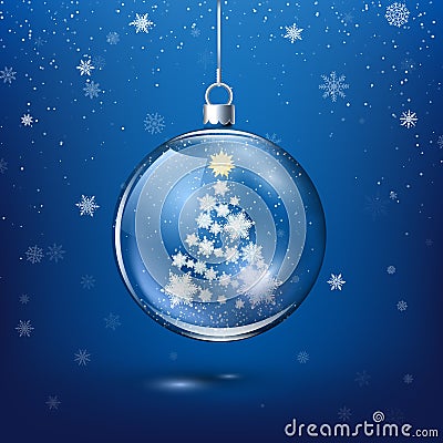 Transparent Christmas decoration with New Year Tree Silhouette from Paper Snowflakes inside. Festive snowfall on background. Vector Illustration