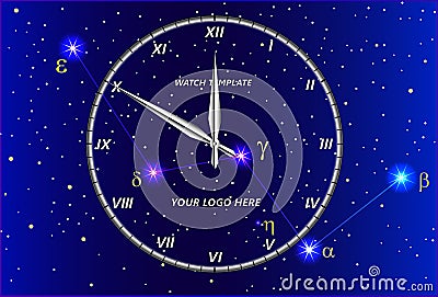 Transparent clock template against the background of the constellation of Cassiopeia. Vector Illustration