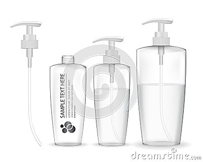 Transparent cosmetic plastic bottle with white dispenser pump. Vector Illustration