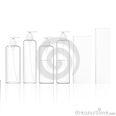 Transparent Cosmetic Plastic Bottles With Dispenser Pump. Liquid Container For Gel, Lotion, Cream, Shampoo Vector Illustration