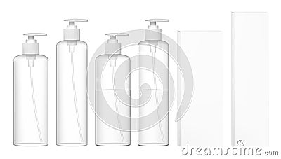 Transparent Cosmetic Plastic Bottles With Dispenser Pump. Liquid Container For Gel, Lotion, Cream, Shampoo Stock Photo