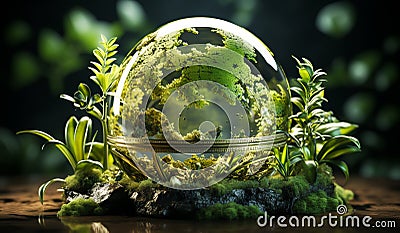 Transparent crystal planet Earth with generic vegetation around. Ecology and environment concept. AI generated Stock Photo