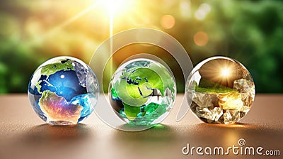 Transparent crystal spheres filled with sunlight on brown surface with blurred background. Glass globes with continents Stock Photo