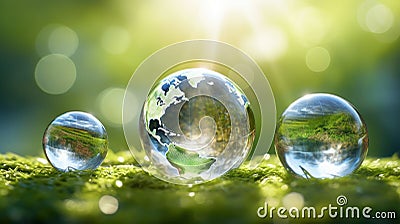 Transparent crystal spheres filled with sunlight on green grass. Glass globes with continents outlines, nature Stock Photo