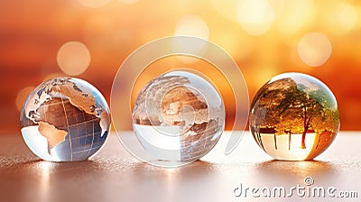 Transparent crystal spheres filled with sunlight on stone surface with blurred background. Glass globes with continents Stock Photo