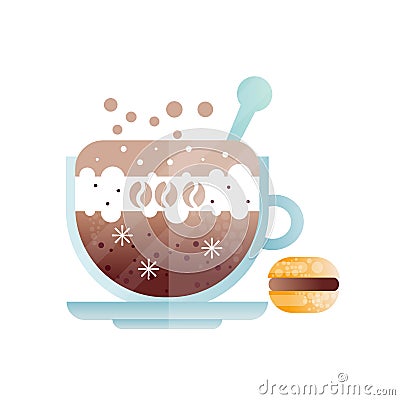 Cup of fresh americano. Mug of cold coffee drink and macaroon. Delicious beverage and dessert. Creative icon with Vector Illustration