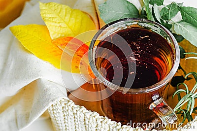 Transparent Cup of tea brewed with adjacent wooden spoons. Cinnamon sticks. Tea time. Tea leafs, Flat Lay. Autumn yellow leaves Stock Photo