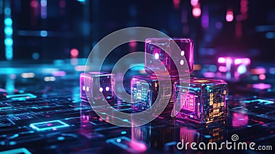 A stack of futuristic digital dice with icons representing various stages in the competitive process of technological progress Stock Photo