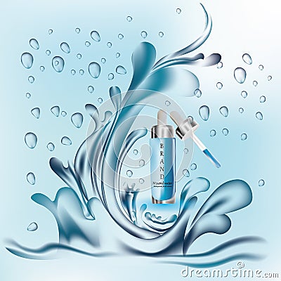 Transparent facial serum, realistic cosmetic serum with water splash. Splashing water. Blue background. 3d vector. Vector Illustration