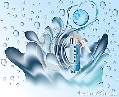 Transparent facial serum, realistic cosmetic serum with water splash. Splashing water. Blue background. 3d vector. Vector Illustration