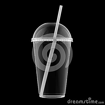 Transparent Fast Food Soda, Slush, Shake or Cola Plastic Cup with Buble Lid and Drinking Straw Isolated on Black. Stock Photo