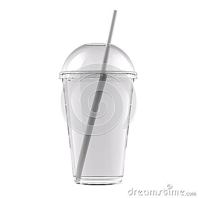 Transparent Fast Food Soda, Slush, Shake or Cola Cup with Buble Convex Lid and Drinking Straw Isolated on White Background. Stock Photo