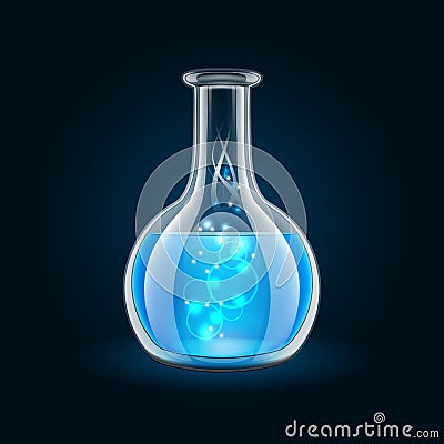 Transparent flask with magic blue liquid on black Vector Illustration