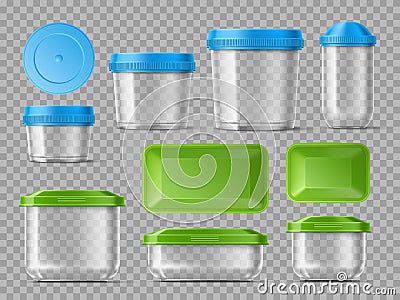 Transparent food containers mockups. Realistic plastic products boxes with color caps. Meal storage packaging. Round and Vector Illustration