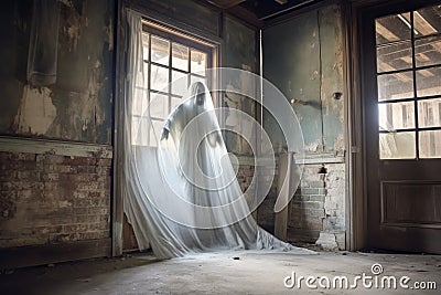 transparent ghost floating near weathered doorframe Stock Photo