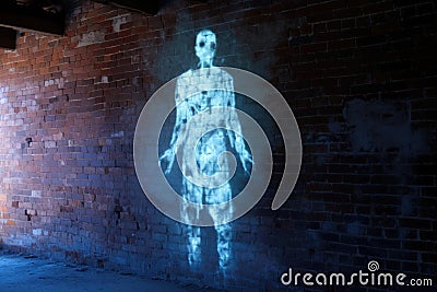 transparent ghost skeleton projected onto a crumbling brick wall Stock Photo