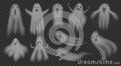 Transparent ghost. Translucent ghosts shadow halloween spooky creatures, soul phantom ghostly fog smoke spirit face Vector Illustration