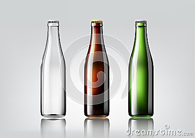 Transparent glass bottle, brown bottle and green bottle for design package and advertisement, beer and beverage, Vector Vector Illustration