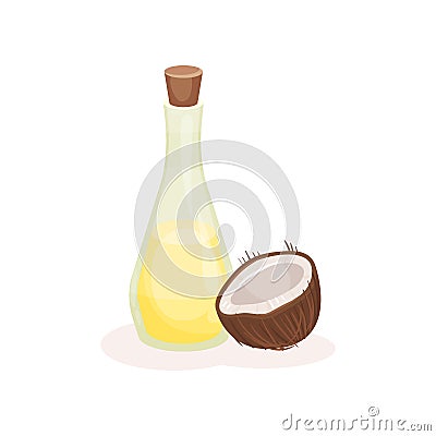 Glass bottle of oil and half of ripe coconut. Natural product. Cooking and cosmetics theme. Flat vector design Vector Illustration