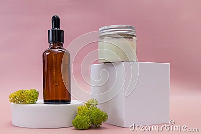 Natural organic cosmetic composition on pink background. Stock Photo