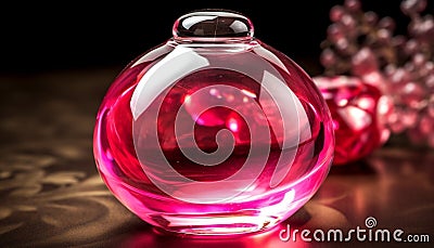 Transparent glass bottle reflects pink sphere in abstract celebration still life generated by AI Stock Photo