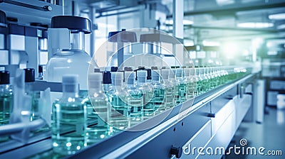 Transparent glass bottles with green liquid on a conveyor line. Pharmaceutical manufacturing. Generative AI Stock Photo