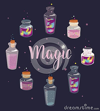 Transparent glass bottles set with liquid space and magic liquid Vector Illustration
