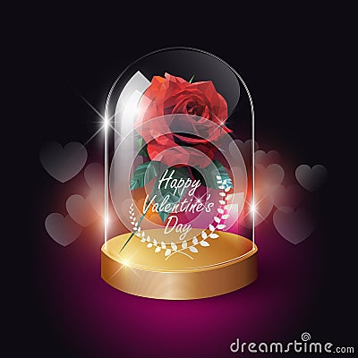 Transparent glass dome and red rose lowpoly style on heart bokeh background with Valentine`s day concept, vector background Vector Illustration