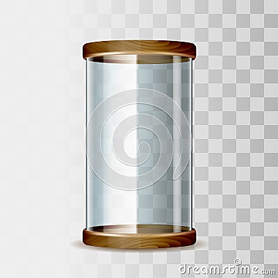 Transparent glass dome with wooden trays in 3D realistic design. Cartoon Illustration
