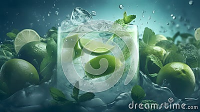 In a transparent glass, lime slices and mint, mojito. Stock Photo