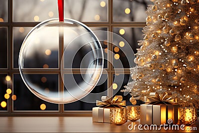 Transparent glass ornament mock up. Christmas ornament mockup with golden decorations Stock Photo