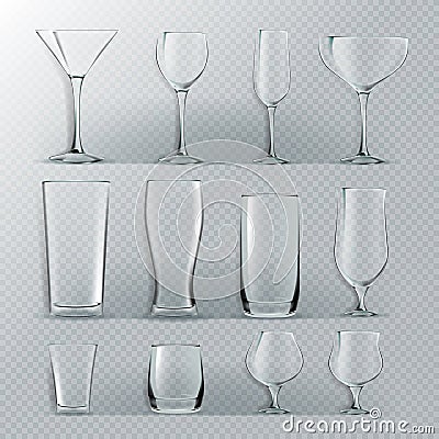 Transparent Glass Set Vector. Transparent Empty Glasses Goblets For Water, Alcohol, Juice, Cocktail Drink. Realistic Vector Illustration