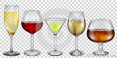 Transparent glasses and stemware with drinks Vector Illustration