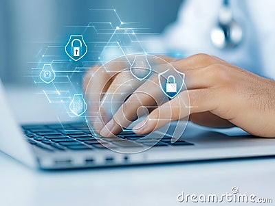 Transparent holographic interface with hexagonal security elements over hands typing, symbolizing futuristic biometric security Cartoon Illustration