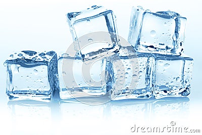 Transparent ice cubes group on white background with water drops Stock Photo