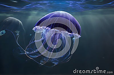 Transparent jellyfish in deep water dark featuring energizing vibes, Incorporate Good and energetic vibe Stock Photo