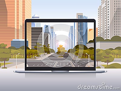 Transparent laptop screen cityscape background realistic gadgets and devices concept Vector Illustration