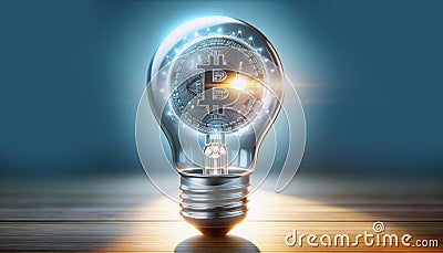 Transparent light bulb with shining bitcoin inside, plain background, knowledge, understanding, cognition, idea, concept of Stock Photo
