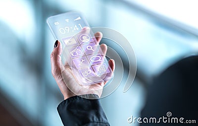 Transparent mobile phone. Futuristic glass smartphone. Stock Photo