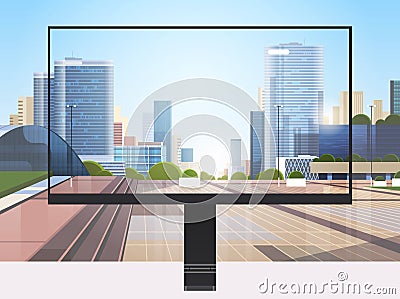 Transparent monitor screen cityscape background realistic gadgets and devices concept Vector Illustration