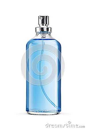Transparent open bottle of blue cylindrical perfume isolated on a white Stock Photo