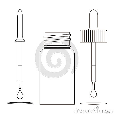 Dropper vial bottle with a pipette, eyedropper and drops. Outline and transparent vector clipart. Vector Illustration