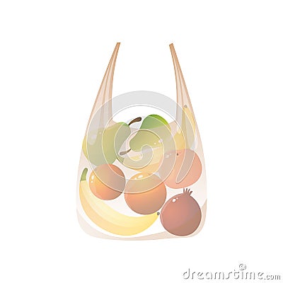 Transparent package with fresh fruits, green pear, pomegranate Vector Illustration