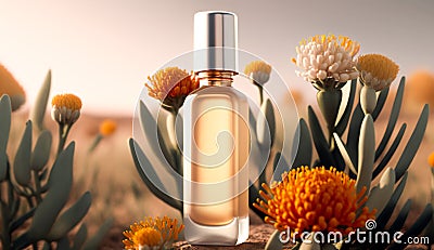 Transparent perfume bottle surrounded with flowers Cartoon Illustration